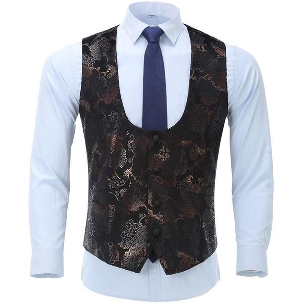 

men's suits vest classic floral single breasted jacquard suit tuxedo vest wedding waistcoat black vintage chaleco casual hombre, Black;white