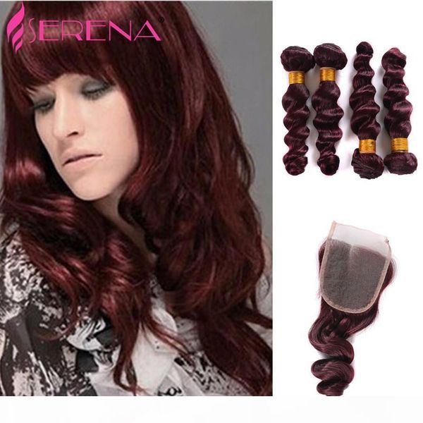

burgundy peruvian loose wave 4 bundles burgundy human hair weave bundles red wine 99j virgin hair with 4x4 lace closure 5pcs lot, Black;brown