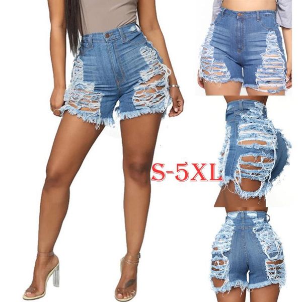 

casual 2021 summer denim women shorts high waists fur-lined leg-openings plus size frayed hole short ripped jeans, Blue