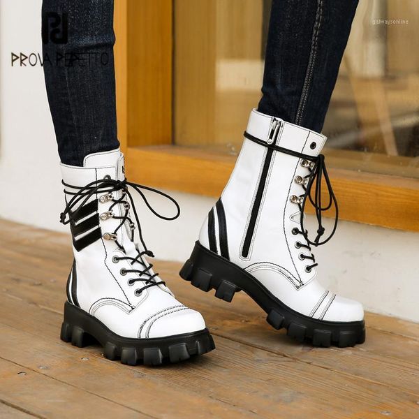 

boots prova perfetto concise women mid-calf genuine leather mixed colors square toe lace-up thick bottom wearproof casual shoes1, Black