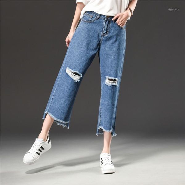 

2018 autumn pants for women denim jeans high waisted jeans loose hole hair edge fashion wide leg pants plus size1, Blue