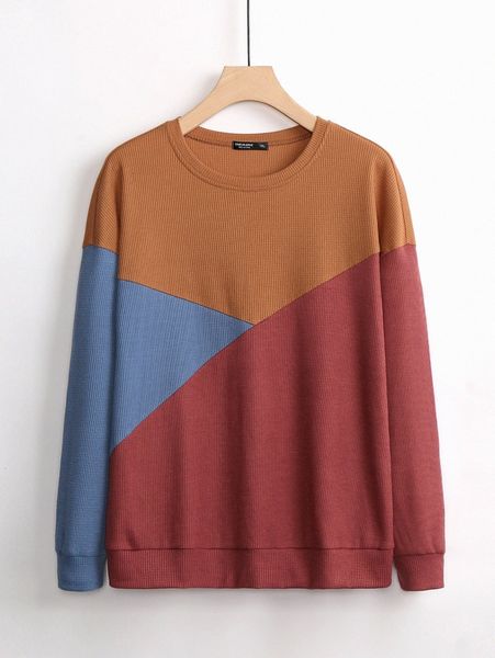 

plus cut and sew waffle knit drop shoulder pullover x0yi#, Black