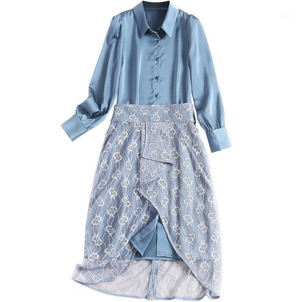 

skirt two piece set female turn down collar long sleeve big size long shirt dress with high waist ruffle irregular lace skirts1, White