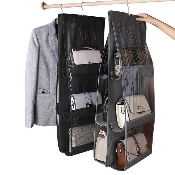 

storage bags 6 pockets clear hanging purse handbag tote bag organizer closet rack saving space package black and white1
