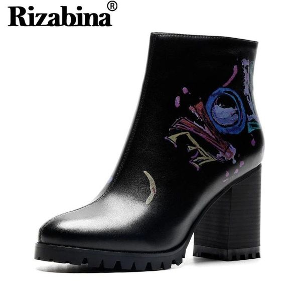 

boots rizabina genuine leather women ankle fashion print zipper high heels shoes quality winter footwear size 33-41, Black