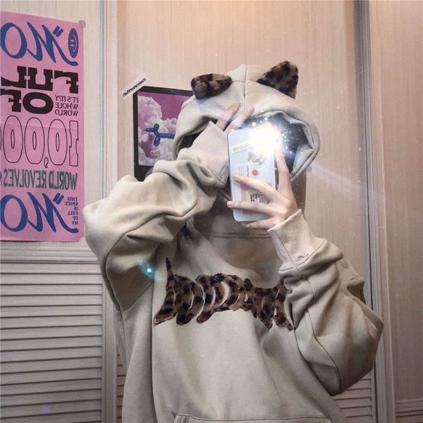 

autumn winter hanfeng chic girl sweet and cool leopard print ear embroidered loose plush hooded sweater female student trend, Black
