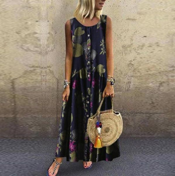 

plus size women long dress bohemian summer ladies o-neck floral print sleeveless button maxi dress vestidos de verano 2019 new1, Black;gray