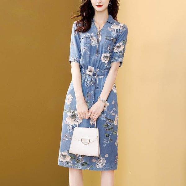 

denim shirt dress female summer 2021 new casual floral printed dress fashion zipper women drawstring waist jeans dress, Black;gray