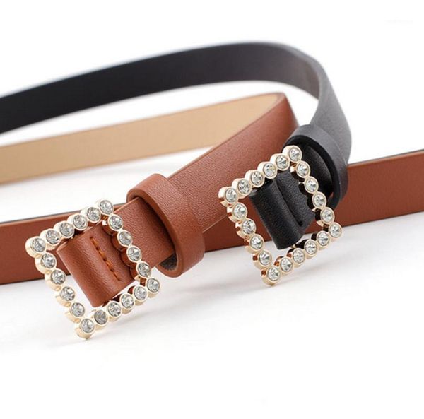 

2020 New Women's Casual Square Pearl Buckle PU Fine Belt Fashion Decorative Belt Rhinestone1, Black;brown