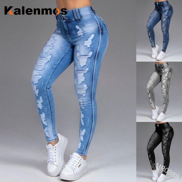 

kalenmos fashion ripped jeans for women skinny feet high waisted trousers fashion zipper hip pants, Blue
