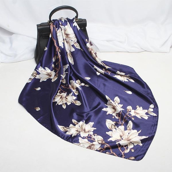 

scarves 2021 90x90 floral flower multipurpose women silk twill scarf satin square tie hairband ladies foulard femme towel bufanda shawl, Blue;gray