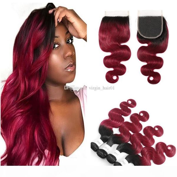 

burgundy ombre hair with lace closure 99j two tone body wave lace closure with bundles european virgin soft hair 3pcs with closure, Black;brown