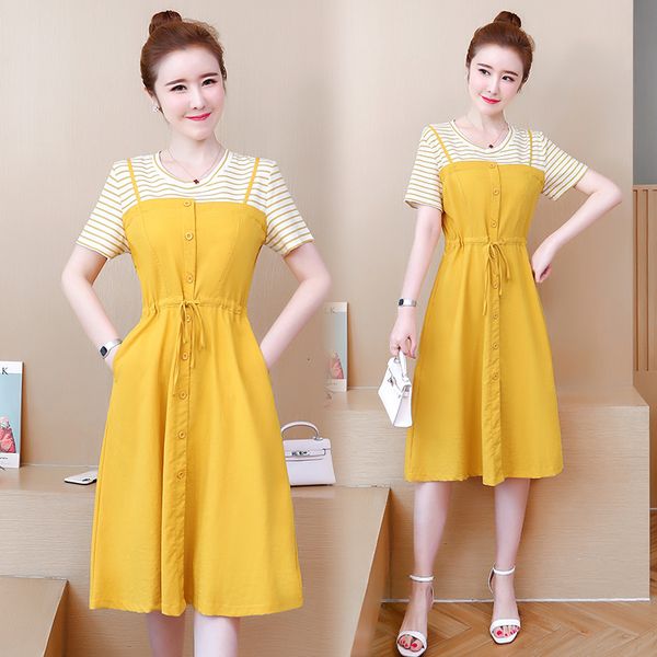 

woman plus size l-4xl party dressed in a yellow blouse tarja patchwork 2021 summer skinny a-line casual dresses ameb, Black;gray