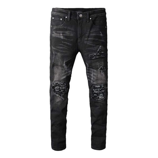 Мужские джинсы на улице Trend Trend Fold Black CeashWea Plocke Floral Кожаная молния Джинсы Эластичная Slim Fit Сшитые мотоцикла Брюки