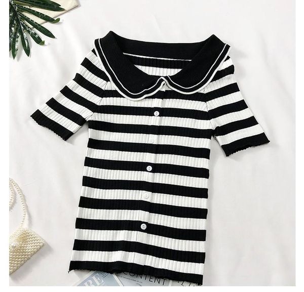 

yoga outfits summer ladies temperament doll collar short sleeve sweater girl sweet style single-breasted female casual, White;red