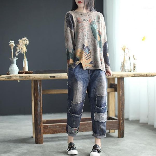 

fall retro literary jeans female hole ripped loose fit patchwork long casual women straight washed ankle length pants1, Blue
