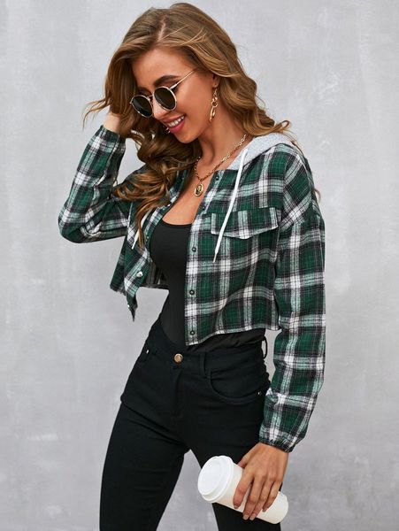 

drop shoulder plaid contrast drawstring hooded blouse p7nl#, White