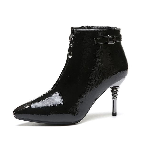 

2021 the new fashion leather metal high heels women's boots new front zipper pointed to the ankle black woman shoe buckle xxlc
