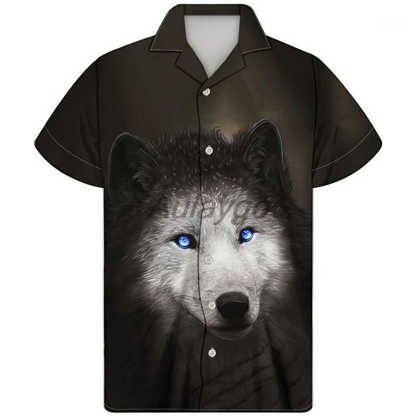 

men cuban guayabera shirt wolf print men fashion streetwear casual hawaiian beach shirt plus size short sleeve summer clothes1, White;black