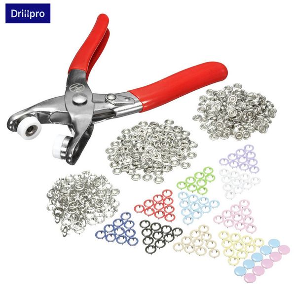 DrillPro Fasterner Snap Pliers artesanato ferramenta + 110 conjuntos multicolor imprensa studs poppers prata botões de costura artesanato 1.5mm y200321