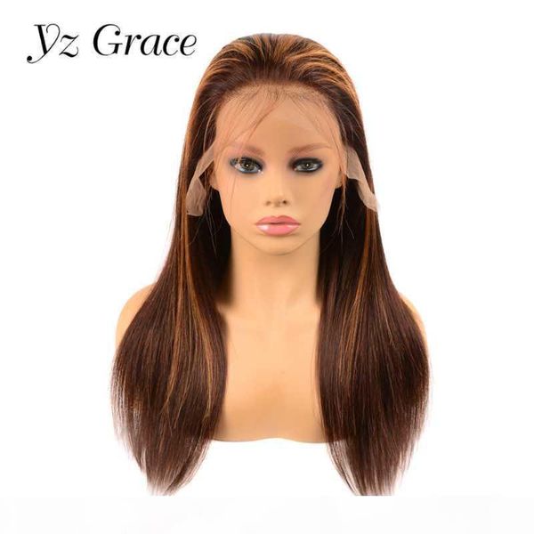 

yz grace highlight lace front human hair wigs brazilian ombre remy pre plucked 13x4 straight lace frontal wigs for women, Black;brown