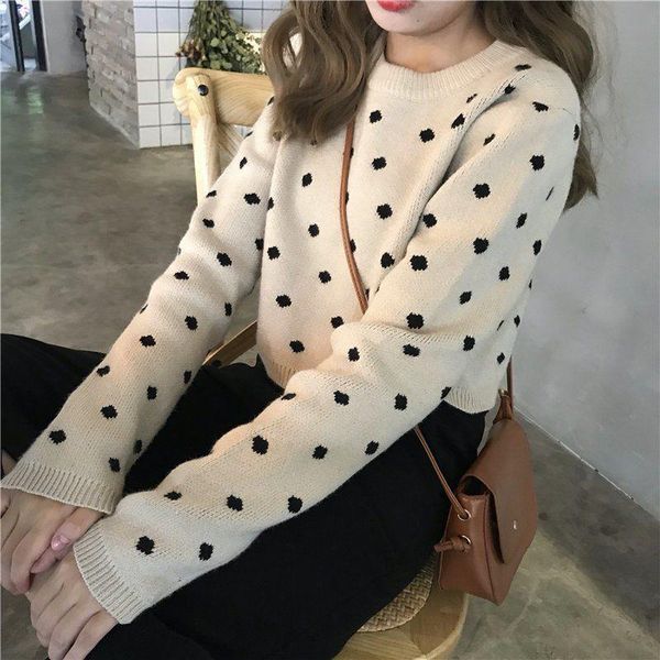 

women's sweaters women o neck dot knitted pullovers korean fashion full sleeve casual cropped kniwear winter clothes, White;black
