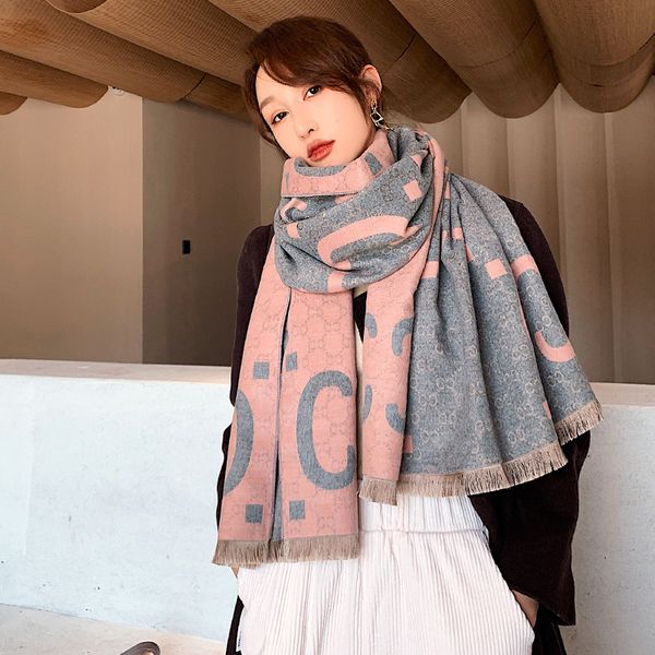 

autumn and winter 2020 new korean letter color matching scarf for women's thickened warm cashmere collar fashion versatile shawl, Blue;gray