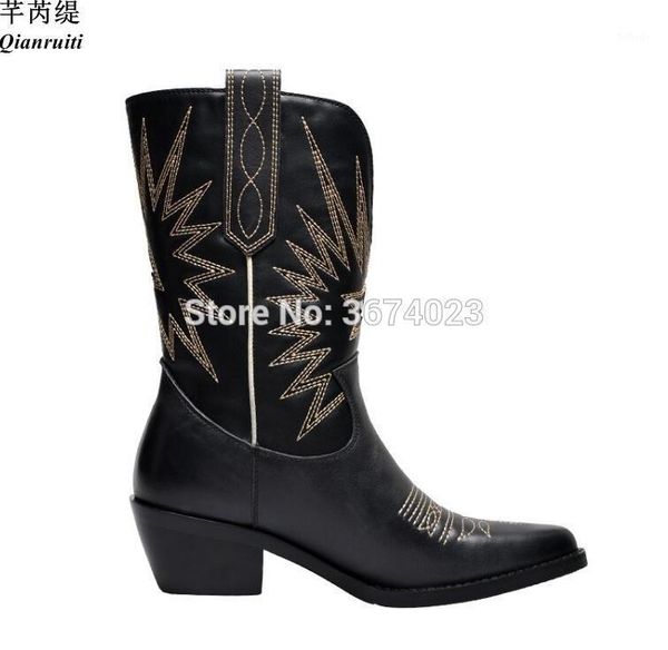 

qianruiti retro knight boots female embroider western cowboy boots slip on med heels black ivory botas mujer1
