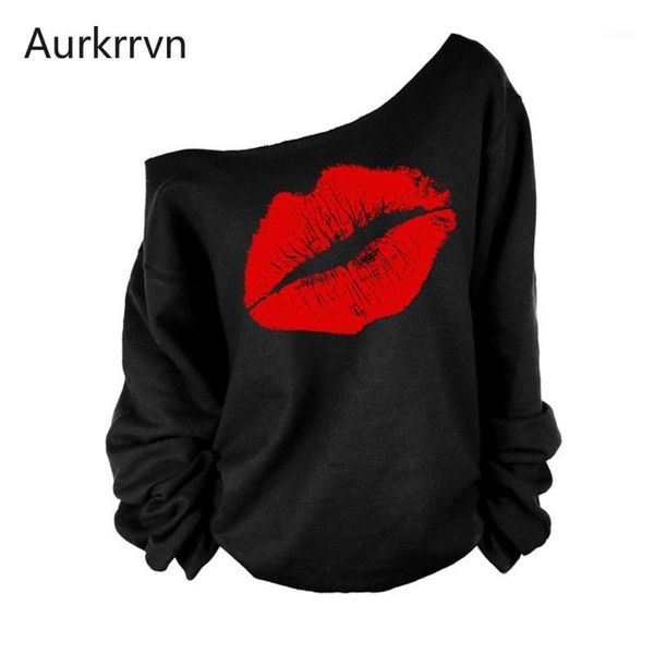 

women's hoodies & sweatshirts aurkrrvn black autumn womens 2021 long sleeve lips print sigle shoulder womans sweatshirt casual fleece