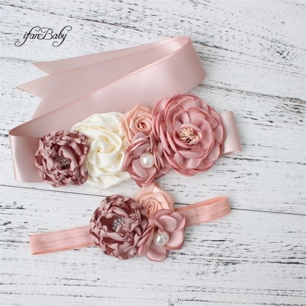 

fashion burn flower belt girl woman sash belt wedding sashes belt with flower headband 1 set y200501, Black;brown