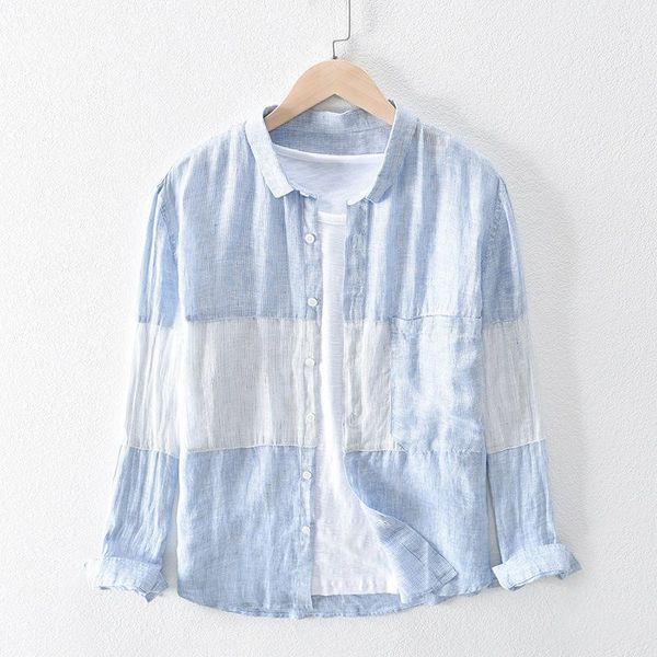 

men spring fashion japan style shirt long sleeve pure linen stripe patchwork pockets male casual harajuku blouses1, White;black