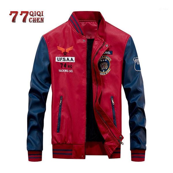 

2020 new leather jacket men windbreaker motorcycle patchwork baseball jackets male fleece warm faux leather jacket chaqueta1, Black