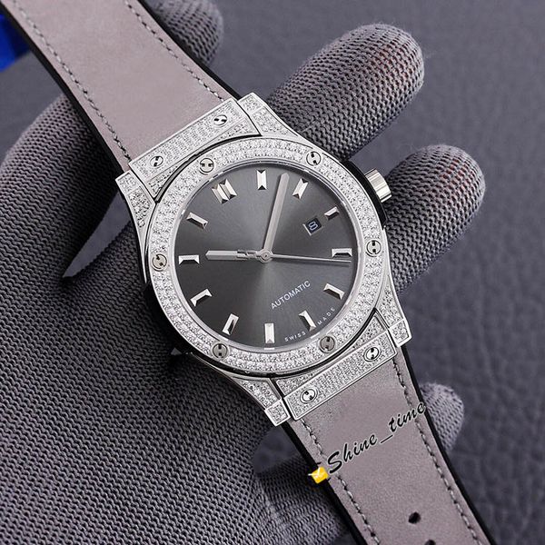 

new 42mm gray dial diamond steel case 565.nx.1170.lr.1704 miyota 8215 automatic movement mens watch leather strap watches, Slivery;brown