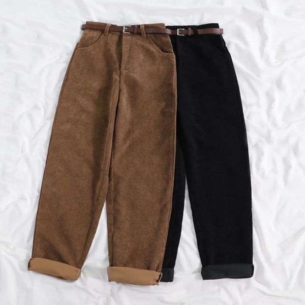 

women autumn casual corduroy pants harajuku high waist wide leg pants korean belt loose cotton trousers streetwear new 20201, Black;white