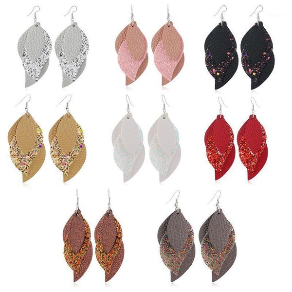 

multilayer glitter faux leather teardrop leaf earrings black red white brown layered drop earrings for women fashion1, Silver