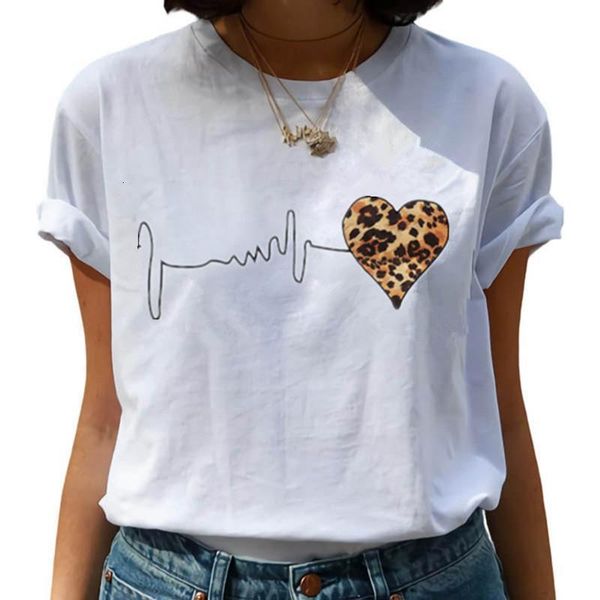 

new women t-shirts 2021 summer leopard heart print t shirt women casual tee loose harajuku female t-shirt camisas mujer, White
