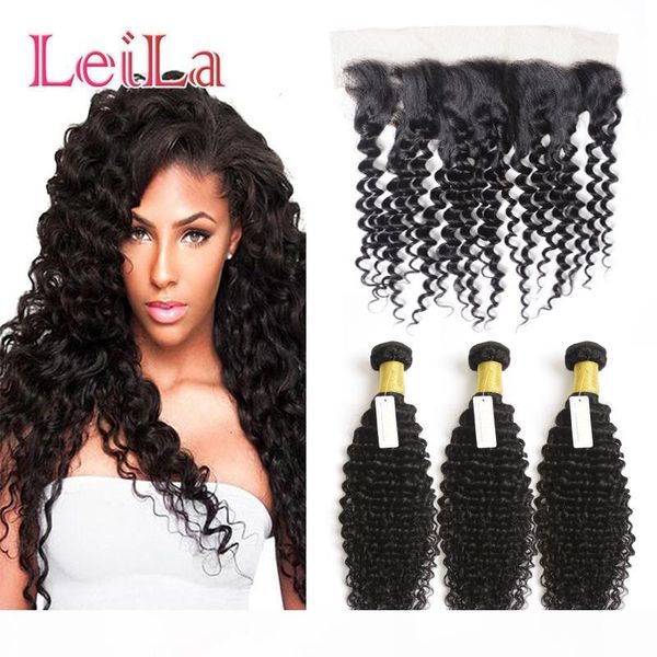 

mongolian 3 bundles with 13x4 lace frontal deep wave 100% unprocessed human hair 4pieces one lot wefts with closure, Black;brown