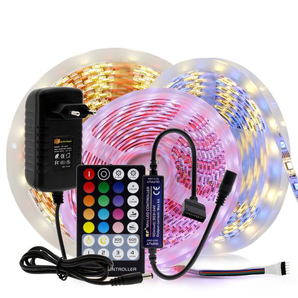 LED Strip RGB / RGBW / RGB + CCT / Duplo LED Flexível Luz Flexível 5050 5m 300 LEDs + RF Controlador Remoto + DC12V Power Adapter