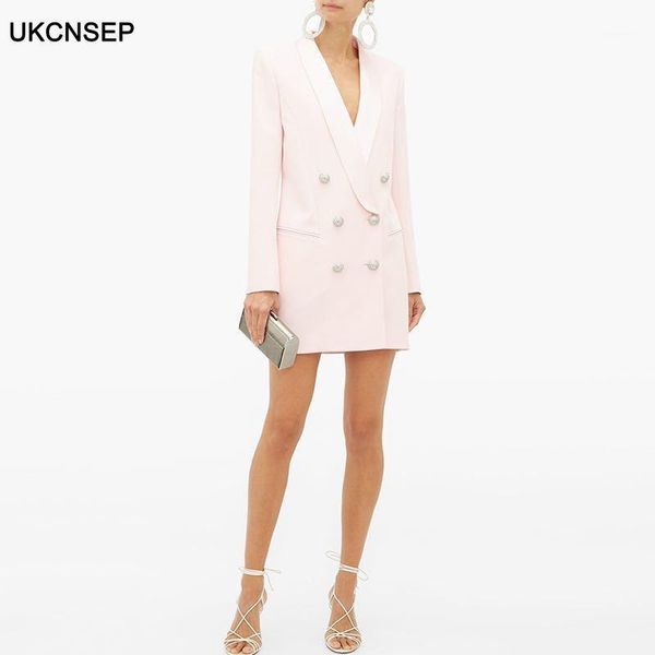 

ukcnsep 2020 new fashion runway women long blazer jacket double breasted slim long casual blazer women jacket1, White;black