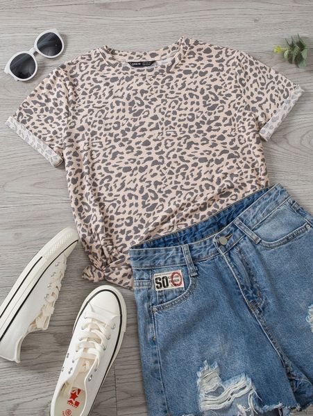

leopard crew neck tee l79d#, White