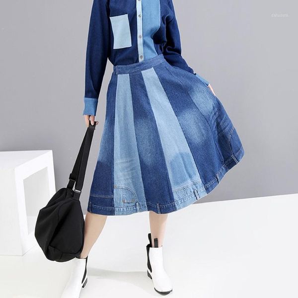 

chic ins spring new 2020 europe women color patchwork high waist a-line denim skirt high street designer midi skirts a-line1, Black