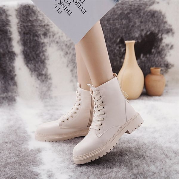 

cootelili fashion zipper flat shoes woman high heel platform pu leather boots lace up women shoes ankle boots girls 35-40 201215, Black