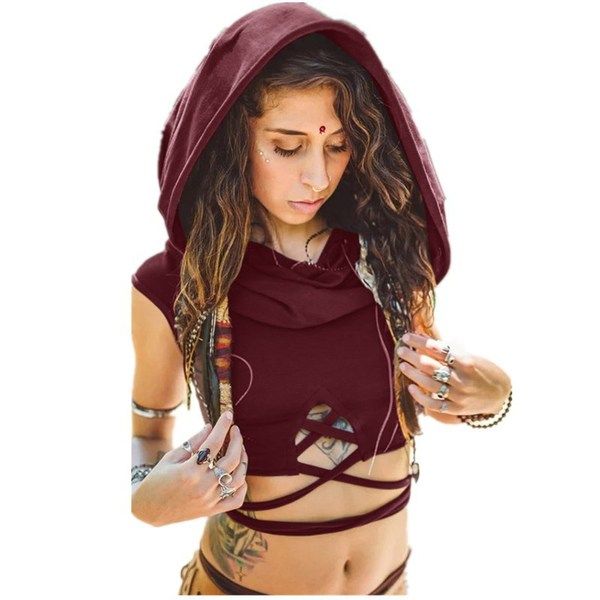 

women solid color vintage shanti hoodie renaissance bandage choli crop wrap strings giant cowl hood little elven 2020, White