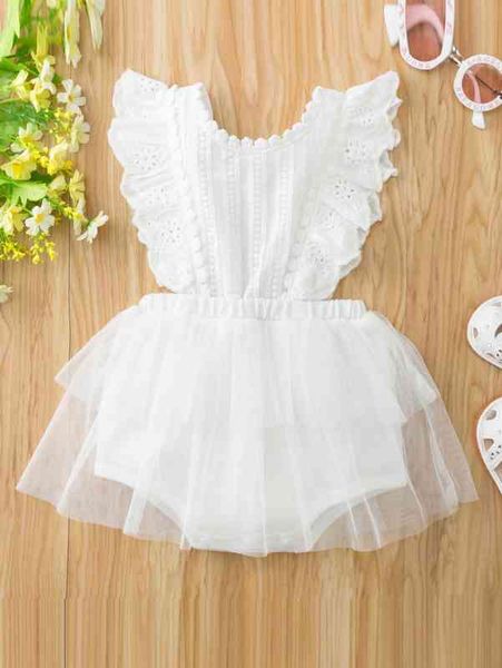 

baby girl contrast mesh eyelet embroidery ruffle trim bodysuit she, Blue