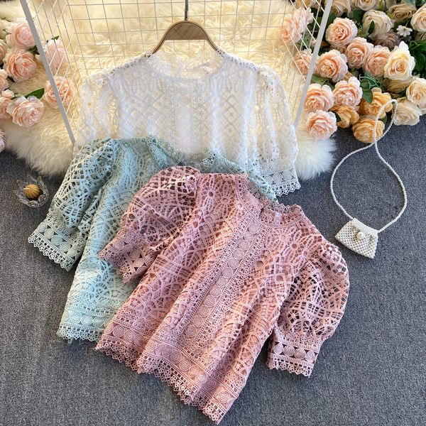 

2021 new singiny female design blouse sweet puff elegant neck solid will see fashion streetwear blouses 27st, White