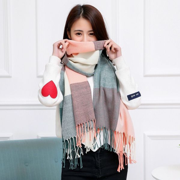 

2020 korean warm plaid scarf women's winter cashmere double use shawl student neck, Blue;gray