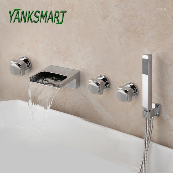 

yanksmart 5 pcs chrome polished bathroom bathtub shower faucets set waterfall spout cold & water mixer tap wall mounted taps1