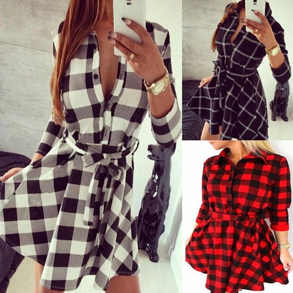 

autumn spring dress women casual plaid shirt dress high waist charming slim dress long sleeve mini with belt vestidos, Black;gray