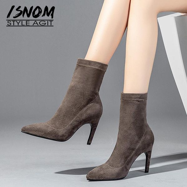 

ISNOM Stretch Flock High Heels Women Ankle Boots Pointed Toe Footwear Fashion Female Boot Elastic Shoes Woman 2020 Winter New, Black