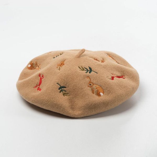 

berets korean autumn and winter mori squirrel leaves embroidered wool beret artist hat, Blue;gray
